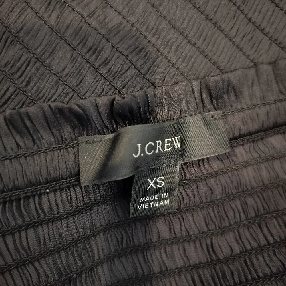 J.Crew Smocked Satin Top Blouse Womens XS Puff Sleeve Square Neck Black